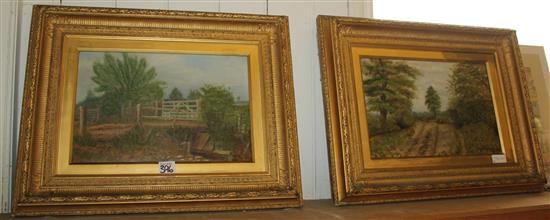Pair Victorian gilt picture frames containing oils